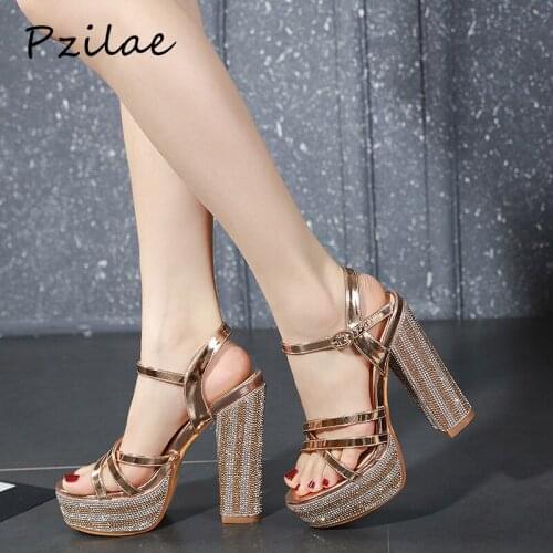 Pzilae 2020 women sandals platform shoes open toe rhinestone high heel sandals gold bling crystal wedding party shoes size 34-40