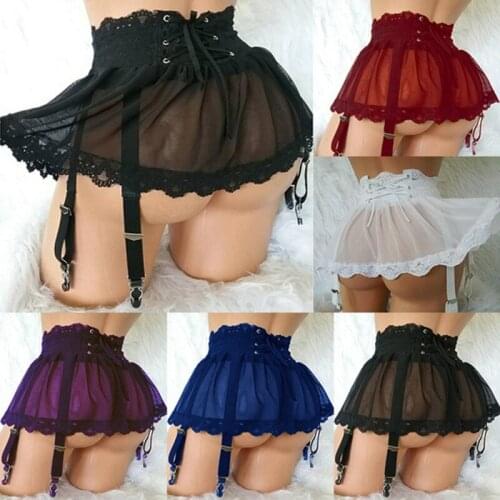 Womens Underwear Pajamas Adult Sexy Role-playing Elastic Lace Waist Transparent Mesh Ruffled Draped Belt Skirt Cosplay Lingerie