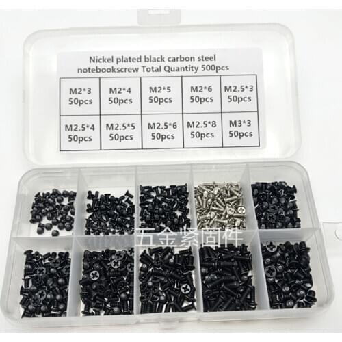 500Pcs M2 M2.5 M3 Screw Flat Head Phillips Machine Screws Laptop Notebook Screws Set Kit computer small Black Bolts