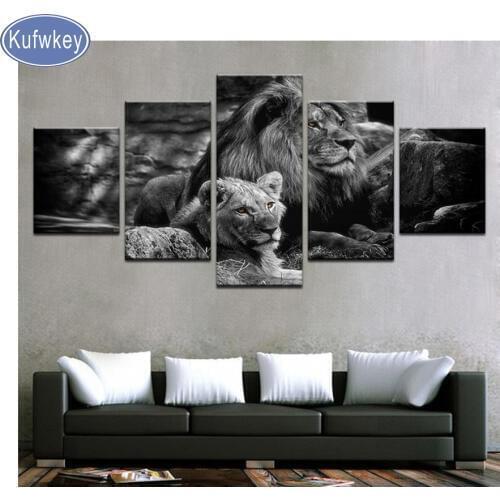 Diamond Embroidery black and white lion,Diamond Painting 5 Pieces,Cross Stitch mosaic puzzle 5d,full square,animals,decor house