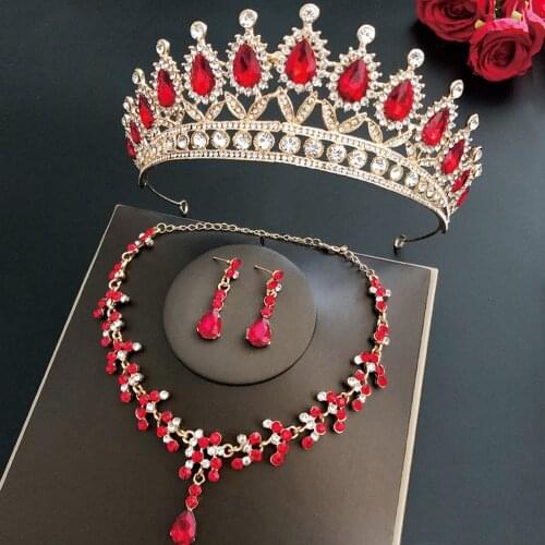DIEZI Luxury Bridal Red Crystal Necklace Earrings Crown Jewelry Sets Wedding Korean Princess Tiara Women Girls Hair Accessories