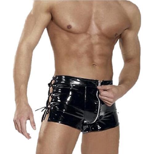 Erotic PVC Underwear Sexy Men Black Faux PU Leather Latex Shorts Boxers Trunks Male Panties Bondage Fetish Lace-Up Gay Lingerie
