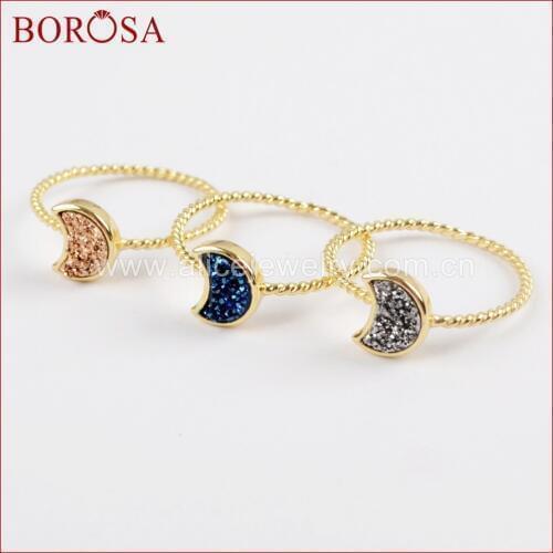 BOROSA 10PCS Gold Color Moon Shape Rainbow Druzy Rings, Mixed Colors Natural Titanium Drusy Bezel Ring Gems Jewelry ZG0295