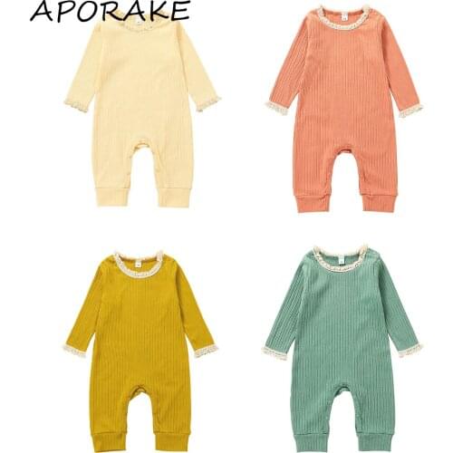 2021 0-24M Infant Baby Girl Romper Lace Solid Color Round Neck Long Sleeve Jumpsuit Lovely Autumn Outfit