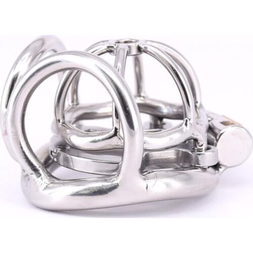 Small Stainless Steel Male Chastity Cage with Anti-off Ring Locking Metal Penis Ring Testicle Bondage Gear Chastity Devices
