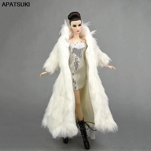 Doll Accessories Set For Barbie Doll Parka Dress Winter Super Long Fur White Coat & Silver Dress Fashion Clothes For 1/6 Dolls