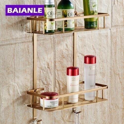 Wall Mounted Antique NEW Copper Bathroom Shower shampoo Shelf Basket Holder Fashion Double Layer