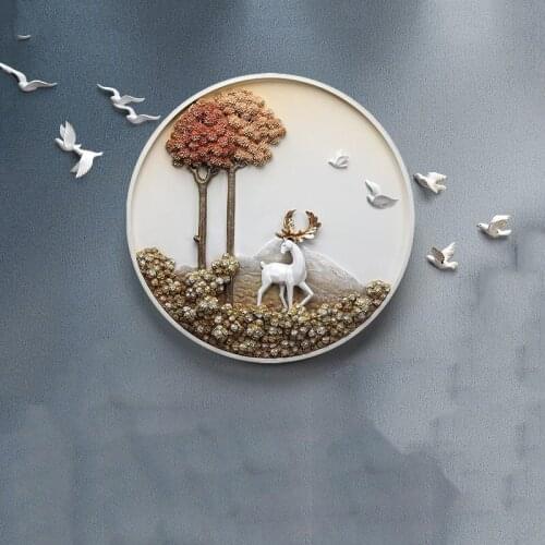 New Chinese Resin Deer Round Decorative Painting Wall Murals Home Livingroom Wall Hanging Craft Hotel Porch Wall Sticker Decor