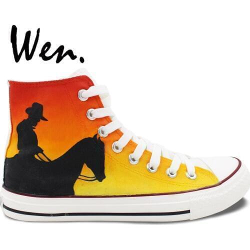 Wen Original Hand Painted Shoes for Men Women Design Custom West Cowboy High Top Flats Lace Up Canvas Sneakers for Gifts