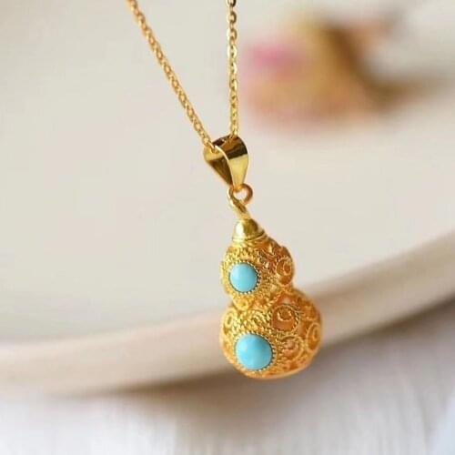 Necklace Female Clavicle Chain Small Calabash Natural Turquoise Gourd S925 Sterling Silver Fu Lu Palace Museum Chinese Style Pen