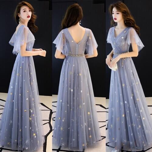 Duble V-neck Homecoming Dress Haze Blue Ruffles Sleeve Stars Sequins Tulle Long Prom Robe A-line Elegant Formal Party Dress