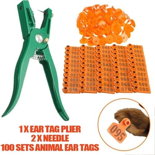 1PC Ear tag pliers goat cattle livestock with tag pliers animal ear tag tool set(100X yellow ear tag + 1X tag pliers)