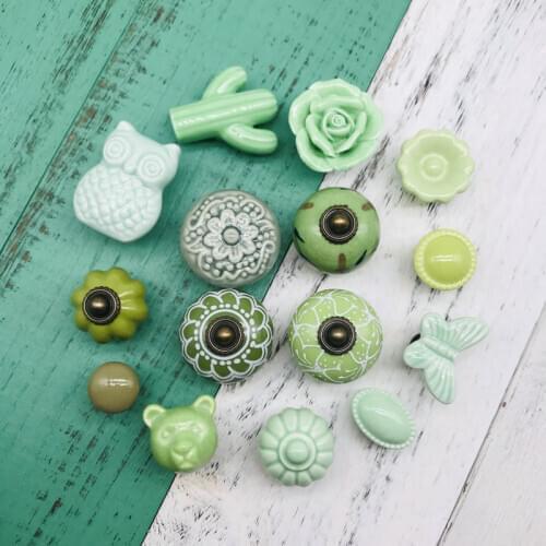 1PC Modern Style Cupboard Pulls Drawer Knobs and Handles Green Flower Rose Vintage Ceramic Kitchen Pull Door Knobs + Screw