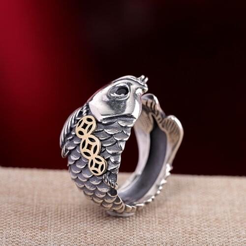 Vintage Fish Male Ring Classic Real 100% 925 Sterling Silver Wedding Rings For Men Luxury Party Open Engagement Ring