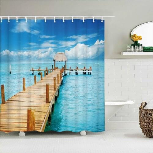 Seaside Scenery 3d Printed Polyester Shower Curtain Wooden Bridge Nature Fabric Waterproof Bathroom Curtain for Bathtub 180x180