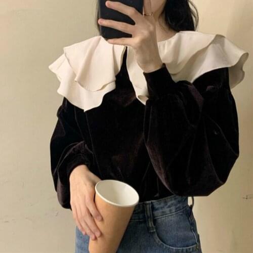 Herstory Blouse Women Temperament Patchwork Ruffles Lantern Sleeve O-Neck Velour Female All-match Student Korean Style New