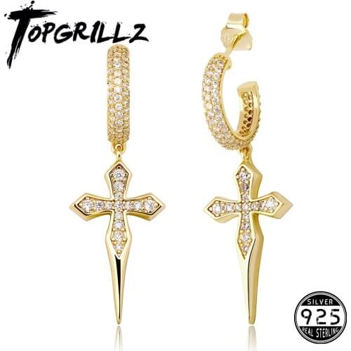 TOPGRILLZ 925 Sterling Silver Cross Earrings High Quality Iced Out Cubic Zirconia Hip Hop Cross Hoop Earrings For Women Gift