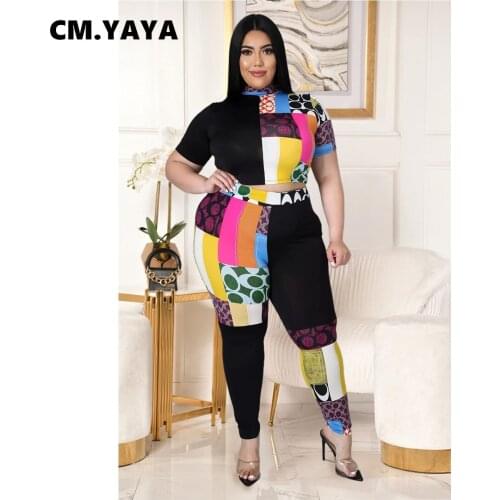 CM.YAYA Women Plus Size Set Print Patchwork Short Sleeve Half High Collar Crop Tops Pants Two Piece Set Tracksuit Summer Outfit