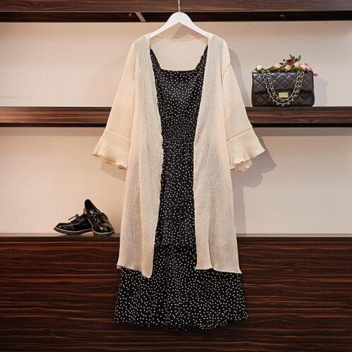XL-5XL 2021 Fashion Womens Summer One-Neck Black Suspender Polka Dot Pleated Dress + Two-Piece Long Loose Sunscreen Cardigan