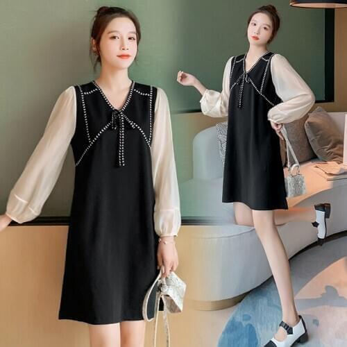1998# Maternity Clothes Spring Autumn Long Sleeve False Two-piece Stylish Dress for Pregnant Women Mom Dress