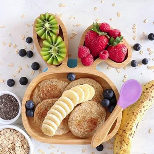 2021 Baby Toddler Bamboo Sheep Plate Silicone Suction Feeding Bowl Suction Spoon Set Bunny Shape Dinner Plate Eco Friendly