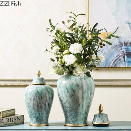 American Marbled Ceramic Decorative Jar Flower Arrangement Dried Flower Vase Art Storage Sealed Jar Porch Living Room Decoration