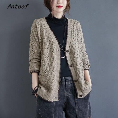 Anteef korean fashion vintage knitted long sleeve top causal loose oversized autumn cardigan sweater women sweaters coat 2021