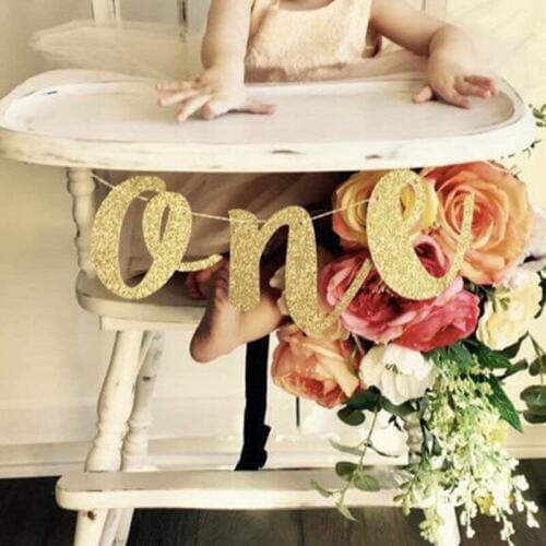 Gold Glitter ONE Banner for Prince Princess Baby boy girl 1st first Birthday Party High kids Chair Car Decor Supplies photo prop