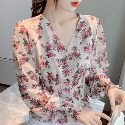 Blusas Mujer De Moda 2021 V-neck Print Chiffon Blouse Shirt Women Bouses Long Sleeve Women Shirts Tops Blusa Camisas Mujer D404