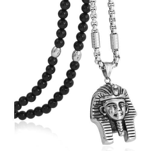 316L Stainless Steel King Tut Pendant Necklace with Black Natural Stone Chain 26" for Men Jewelry