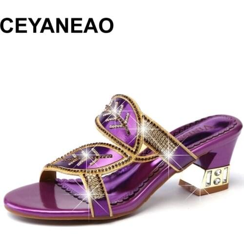 CEYANEAO Fashionable and delicate Patchwork multi color ladiesslippers womens slippers Nigeria style stones shoes magenta