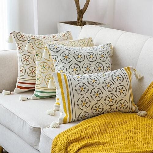 Yellow Flower Home Decor Handmade Tassels Pillow Cover Green Red Cushion Cover 30x50cm/45x45cm Pillow Case Pillow Sham