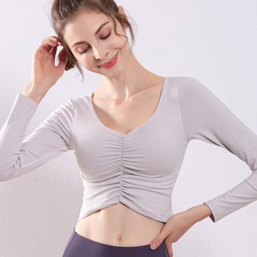 Fitness T-shirt Women Jerseys Crop Top Solid Slim Long Sleeve Yoga Sportswear Padded Chest Fold Workout Gym Shirt