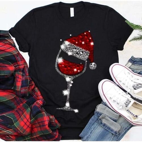 T-shirt Red Wine Glass Printing Sequined Short-sleeved Ladies Round Neck Summer Casual Plus Size Loose Creative Men and Women