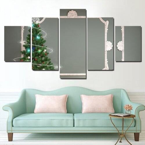 Canvas Painting Wall Art Unframed Home Decoration Christmas Tree 5 Panel Christmas Picture For Living Room Modern Printing Type