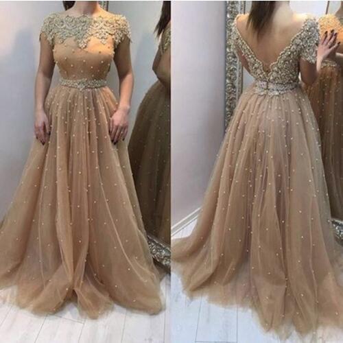 2019 Dubai Saudi Arabia Middle East Prom Dresses Champagne A Line Tulle Appliqed Pearls Evening Party Gowns Vestidos