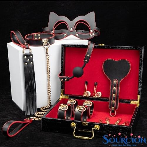 SourcionC BDSM Kits Genuine Leather Bondage Set Fetish Handcuffs Collar Gag Whip Erotic Sex Toys For Women Couples Adult Games