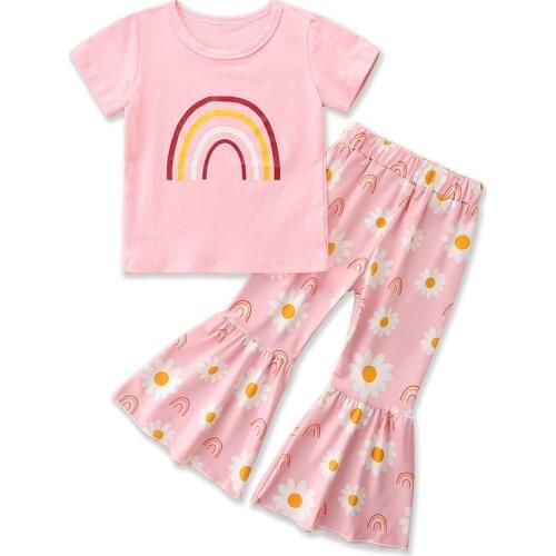 Summer Girl Set Children Pants Suits Rainbow Print T-shirt + Flare Bottom Pants Suits