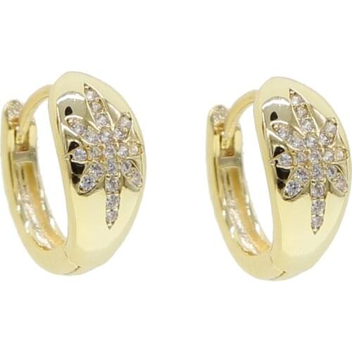 Minimal delicate northstar signet earring for women Gold color paved cz sparking bling geometric fashion mini hoop huggies