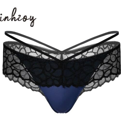 Mens Black lace Panties Sexy T-back Thongs Underwear Sissy Boxer Briefs