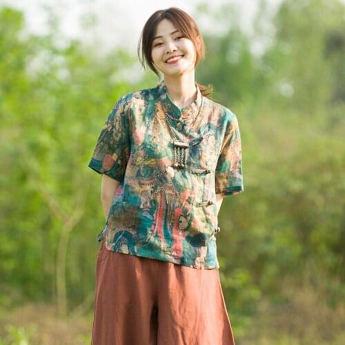 New Chinese Style Womens Clothing Ramie Blouse Literary Retro Maid Pattern Printing Shirt Tops Short Sleeve T-Shirts