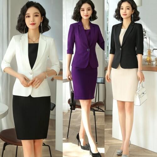 Office Ladies White Blazer Women Business Suits Dress and Jacket Set Half Sleeve Elegant OL Styles