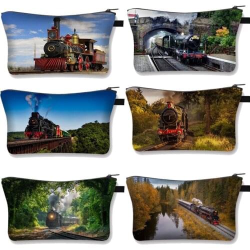 Steam Locomotive Train Print Cosmetic Bag Women Canvas Makeup Bag For Travel Large Capacity Cosmetic Case Girls Storage Bag