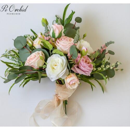 PEORCHID Romantic Garden Wedding Bridal Bouquet Roses Colorful White Pink Purple Green Bouquet Artificial Flowers Gelin Buketi