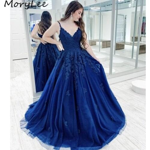 Prom Dresses Blue Spaghetti Straps Floor Length A-Line Tulle Lace Crystal Prom Dresses Zipper Back vestidos de fiesta de noche