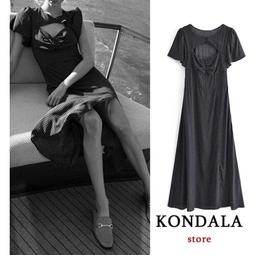 KONDALA Women Chiffon Dot Print Front Hole Dress Za Fashion 2021 Short Sleeve Sheath Midi Dresses Female Elegant Chic Vestidos