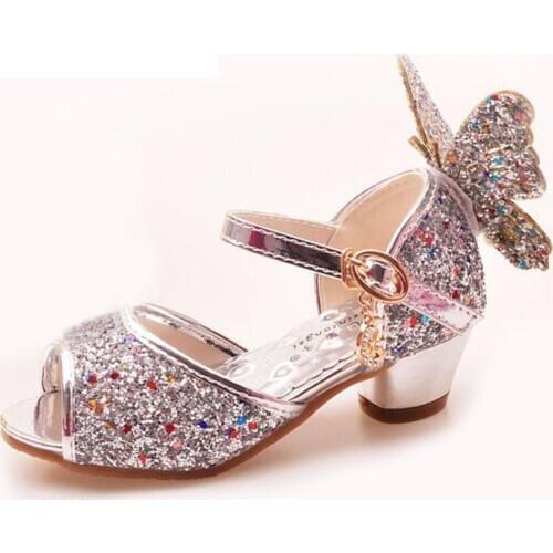 Girls Sandals Rhinestone Butterfly Pink Latin Dance Shoes 5-13 Years Old 6 Children 7 Summer High Heel Princess Shoes Kids Shoes
