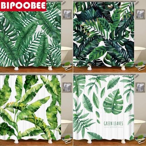 Green Plant Leaves Printed Shower Curtain Bamboo Banana Leaf Bathroom Mats Toilet Cover Pedestal Non-slip Rug Bath Carpet