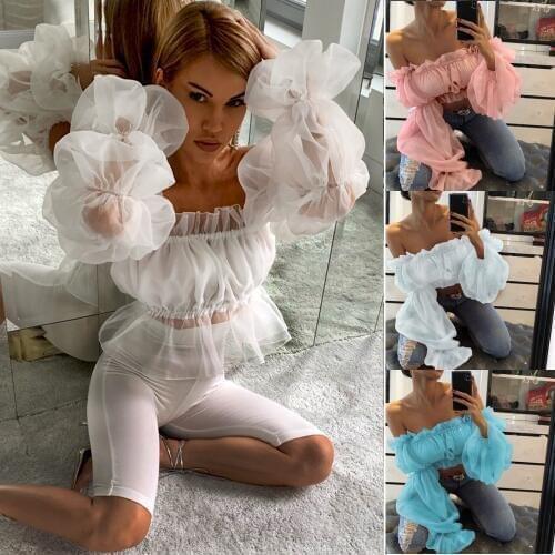 Summer New Women Sexy Off Shoulder Ruffles Organza Blouses Long Puff Sleeve Mesh Sheer Crop Tops Shirt Short Blouse