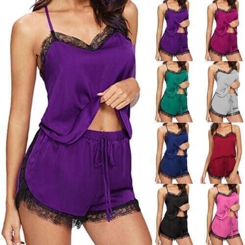 2021 New Fashion Ladies Sexy Ice Silk Sling Short Sexy Pajamas Summer Pajamas Sling + Shorts Set